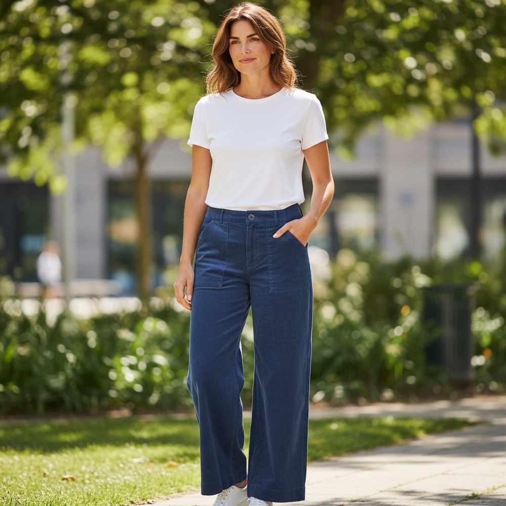 LOFT Outlet Blue Corduroy High Rise Wide Leg Patch Pocket Pants Womens 16 preppy